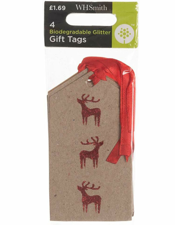 WHSmith 4 Red Rudolph Bio Glitter Tags