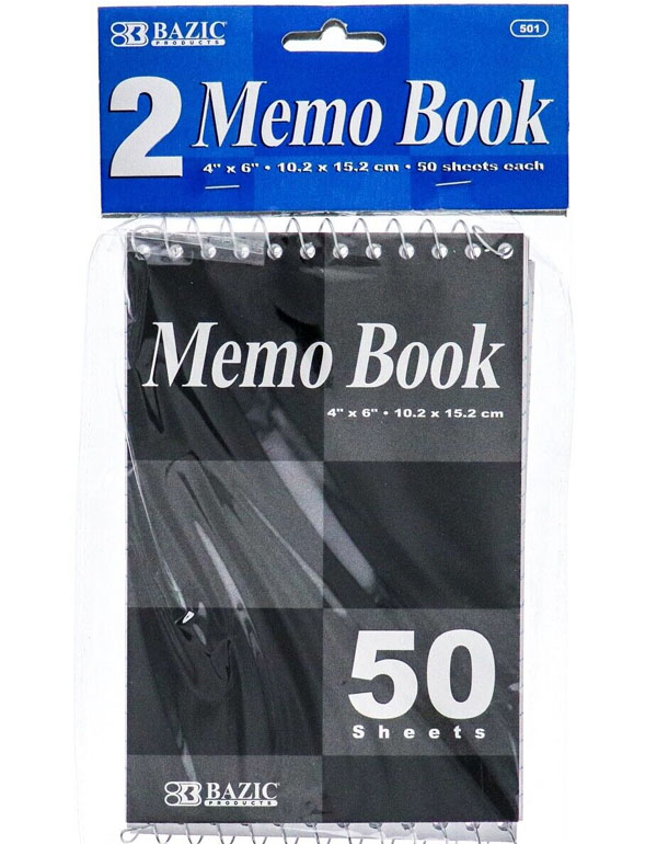 Bazic Top Bound Spiral Memo Books 2pack, Assorted Colors