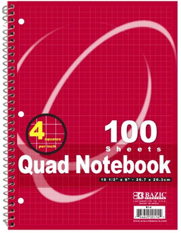 Bazic Spiral QuadRuled Notebook, Assorted Colors