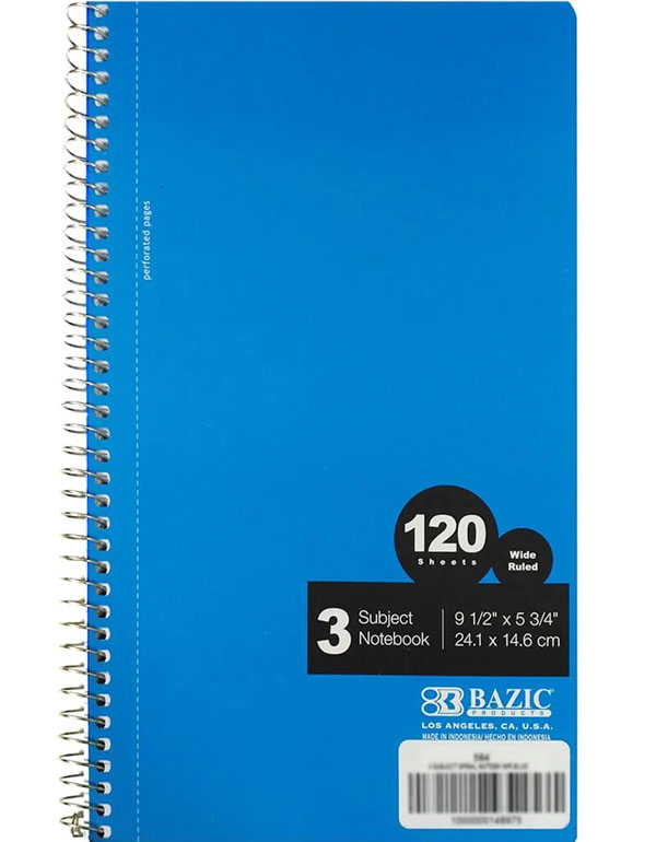 Bazic Spiral W/R 3-Subject Notebook