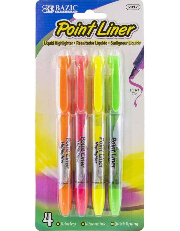 Bazic Liquid Pen Style Fluorescent Highlighters 4/Pack