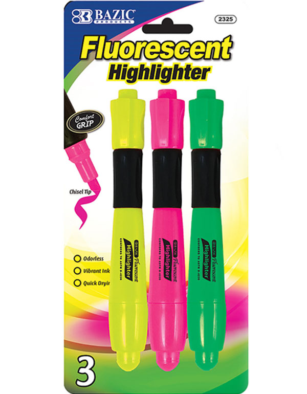 Bazic Desk Style Fluorescent Highlighters with Cushion Grip 3/Pack