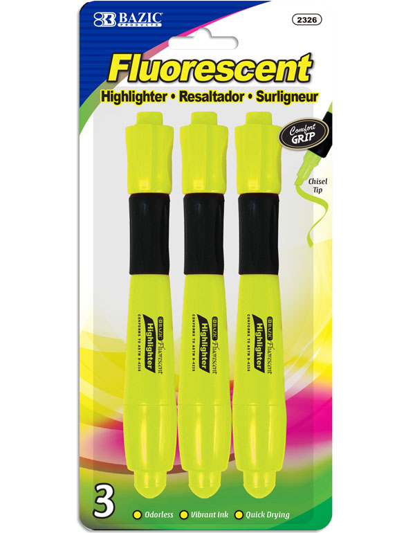 Bazic Desk Style Yellow Fluorescent Highlighters with Cushion Grip 3/Pack